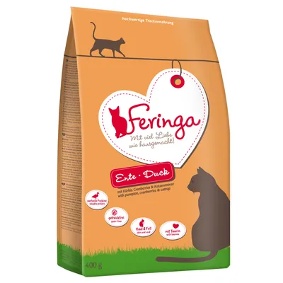 Feringa cibo secco per gatti, gusto anatra con zucca, mirtilli rossi e erba gatta. Senza cereali, con taurina, supporta pelle e pelo. Confezione: 400g.