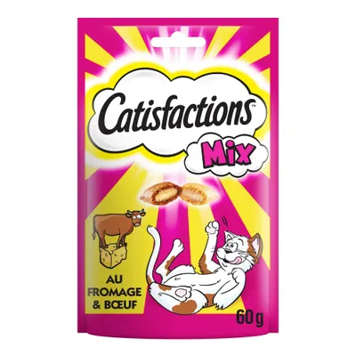 Sachet Catisfactions Mix pour chats, au fromage et bœuf, 60 g. Texte visible : « AU FROMAGE & BŒUF ». Illustration de croquettes, vache sur fromage et chat dessiné.