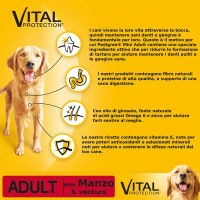 Testo: VITAL PROTECTION. ADULT with Manzo & verdure. Benefici: riduzione tartaro, fibre naturali e proteine, olio di girasole Omega 6 e zinco, vitamina E per difese naturali del cane.