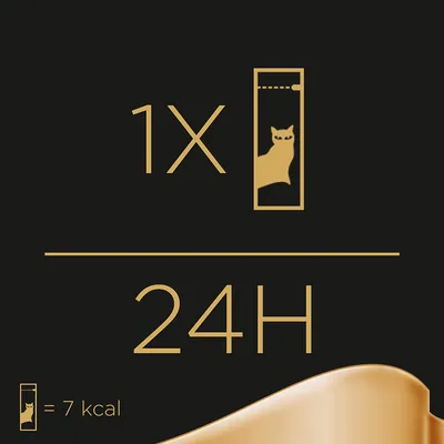 Feeding guide: 1 stick with cat icon per 24 hours. Small icon shows 1 stick equals 7 kcal.