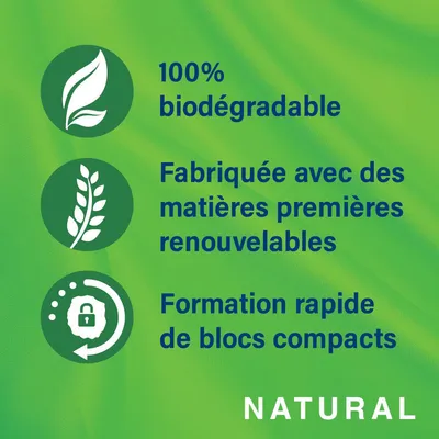 100 % biodégradable, fabriquée avec des matières premières renouvelables, formation rapide de blocs compacts, NATURAL