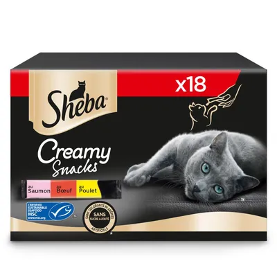 Sheba Creamy Snacks x18, au saumon, bœuf, poulet. Certifié MSC. Sans colorants ni arômes artificiels, sans sucre ajouté. Marque Sheba visible sur l’emballage.
