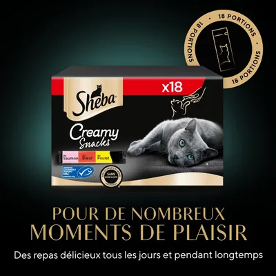 Sheba Creamy Snacks pour chats, x18 portions, saveurs saumon, bœuf, poulet. Certifié MSC, sans sucre ajouté. Texte : Pour de nombreux moments de plaisir.