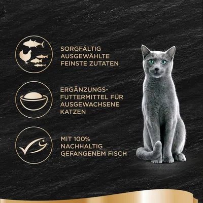 Sorgfältig ausgewählte feinste Zutaten. Ergänzungsfuttermittel für ausgewachsene Katzen. Mit 100% nachhaltig gefangenem Fisch. Tekst na njemačkom jeziku.