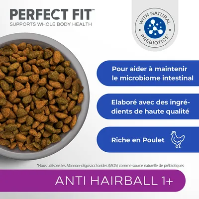 Perfect Fit Anti Hairball 1+ croquettes, avec prébiotiques naturels. Pour le microbiome intestinal, ingrédients de haute qualité, riche en poulet. Texte en anglais et français visible.