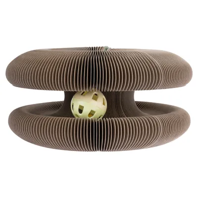 Toy made of brown corrugated cardboard with a yellow plastic ball in the centre, suitable for interactive play.