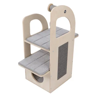 Cat furniture made of wood with two padded lying surfaces, sisal scratching area on the side and integrated play rope on top.