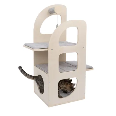 Wooden cat tree with two levels, grey padded surfaces and play roll. Cat explores the lower level through a round entrance.