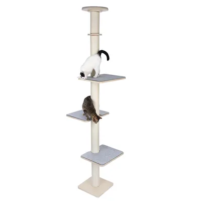Cat tree with four platforms and sisal post, two cats demonstrating use of the levels.