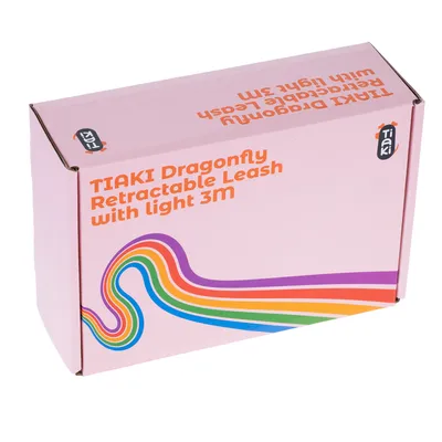 TIKI Dragonfly intrekbare riem met licht 3M. Verpakking met regenboogdesign en TIKI merklogo.