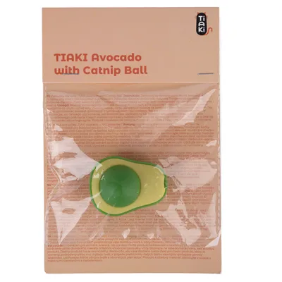 Emballage avec jouet pour chat TIAKI Avocado with Catnip Ball, forme d’avocat en plastique, texte en anglais sur l’emballage.