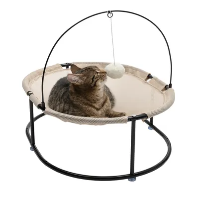 Katt-hängmatta med beige nät, svart metallram och leksaksboll på en båge. Katt ligger i hängmattan och tittar på bollen.