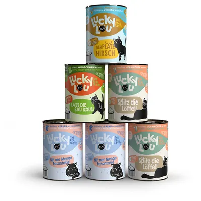 Lucky Lou cat food in cans with various flavours: Der Platz Hirsch, Lass die Sau raus, Spitz die Löffel, Mit ner Menge Fasanstasie. For adult cats.
