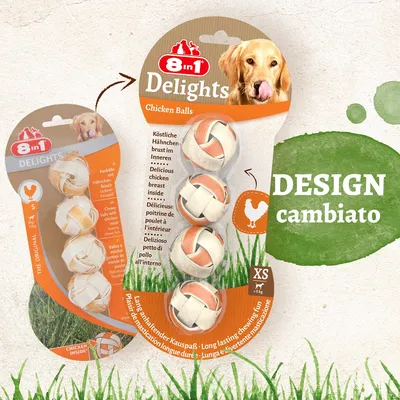 Confezioni di 8in1 Delights Chicken Balls per cani, design cambiato, visibili taglie S e XS, indicazione 'Delizioso petto di pollo all'interno', adatte a cani fino a 5 kg.