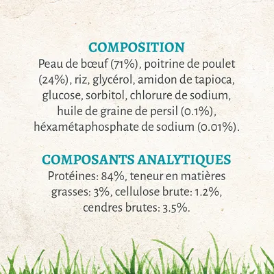 Composition : peau de bœuf 71 %, poitrine de poulet 24 %, riz, glycérol, persil 0,1 %. Composants analytiques : protéines 84 %, matières grasses 3 %, cellulose brute 1,2 %, cendres 3,5 %.