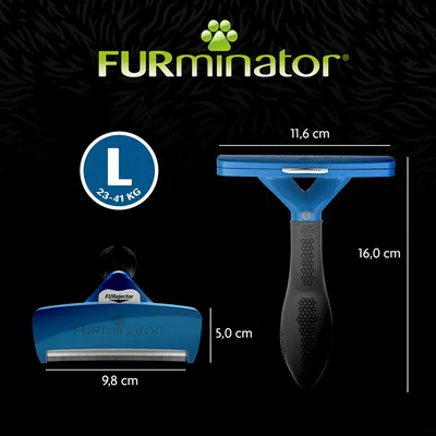 FURminator taille L, pour 23–41 kg, dimensions : largeur tête 9,8 cm, hauteur 5,0 cm, longueur totale 16,0 cm, largeur lame 11,6 cm. Marque et texte FURjector visibles.