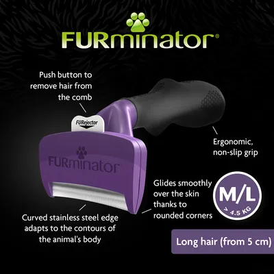FURminator kartáč M/L pro dlouhou srst (od 5 cm), ergonomická rukojeť, tlačítko FUREjector na odstranění chlupů, nerezová hrana. Text v angličtině.