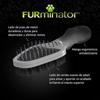 FURminator. Cepillo con lado de púas de metal para desenredar, lado de cerdas suaves de jabalí para alisar y mango ergonómico antideslizante. Texto explicativo en la imagen.