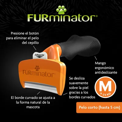 Cepillo FURminator para pelo corto (hasta 5 cm), tamaño M 9–23 kg, mango ergonómico antideslizante, botón FURejector, borde curvado que se ajusta a la forma natural de la mascota.