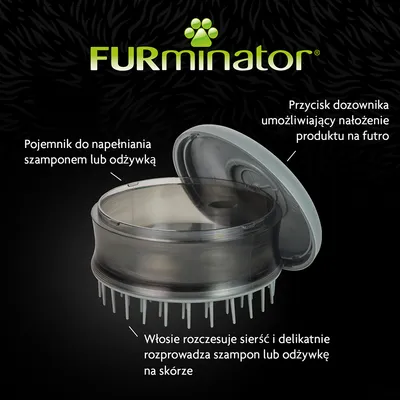 FURminator. Pojemnik do napełniania szamponem lub odżywką, przycisk dozownika umożliwia nałożenie produktu na futro, włosie rozczesuje sierść i rozprowadza szampon lub odżywkę na skórze.