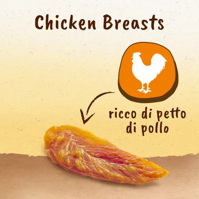 Chicken Breasts, ricco di petto di pollo. Immagine di un petto di pollo essiccato con icona di gallo bianco su sfondo arancione.