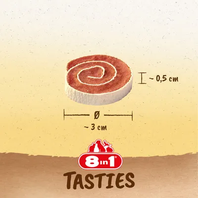 Spiral-shaped treat shown with dimensions: approximately 3 cm diameter and 0.5 cm height. Includes 8in1 Tasties branding.