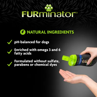 Natural ingredients. pH-balanced for dogs, enriched with omega 3 and 6 fatty acids, formulated without sulphate, parabens or chemical dyes. Product being dispensed into a hand.