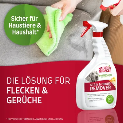 Nature's Miracle Bio-Enzymatic Formula Stain & Odour Remover. Sicher für Haustiere und Haushalt. Die Lösung für Flecken und Gerüche bei vorschriftsmässiger Anwendung und Lagerung.