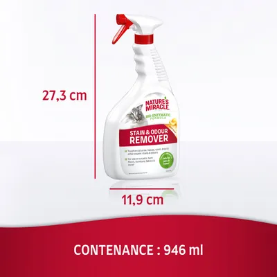 Spray Nature's Miracle Stain & Odour Remover, dimensions 27,3 cm x 11,9 cm, contenance 946 ml. Texte visible en anglais sur l'étiquette.