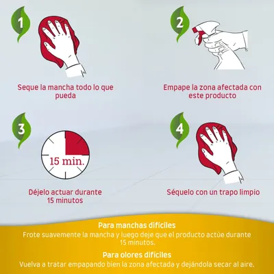 Instrucciones: 1. Seque la mancha todo lo que pueda, 2. Empape la zona afectada con este producto, 3. Déjelo actuar durante 15 minutos, 4. Séquelo con un trapo limpio. Consejos para manchas y olores difíciles.