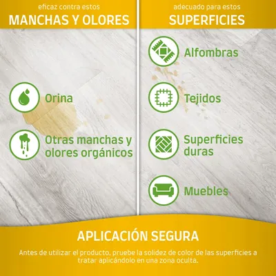 Eficaz contra manchas y olores: orina, otras manchas y olores orgánicos. Adecuado para alfombras, tejidos, superficies duras y muebles. Aplicación segura: pruebe en zona oculta.