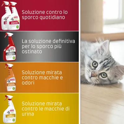 Nature's Miracle: soluzione contro lo sporco quotidiano, soluzione definitiva per lo sporco più ostinato, soluzione mirata contro macchie e odori, soluzione mirata contro le macchie di urina.