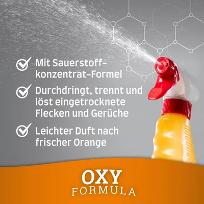 Mit Sauerstoffkonzentrat-Formel, durchdringt, trennt und löst eingetrocknete Flecken und Gerüche, leichter Duft nach frischer Orange. OXY Formula.