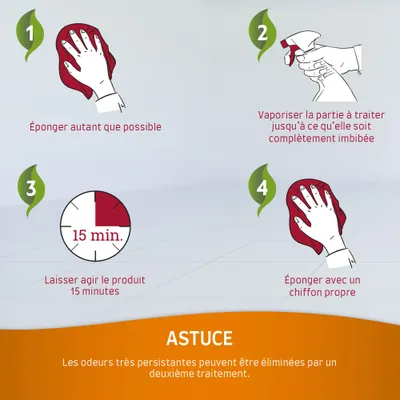 1. Éponger autant que possible. 2. Vaporiser la partie à traiter jusqu’à ce qu’elle soit complètement imbibée. 3. Laisser agir le produit 15 minutes. 4. Éponger avec un chiffon propre. Astuce : Les odeurs très persistantes peuvent être éliminées par un deuxième traitement.