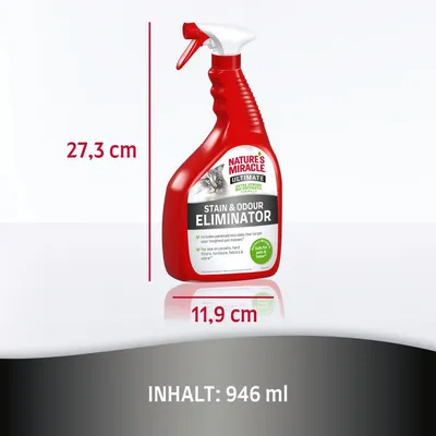 Spray Nature's Miracle Ultimate Stain & Odour Eliminator, dimensions 27,3 cm x 11,9 cm, contenu 946 ml. Texte en anglais sur l’étiquette.