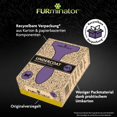 FURminator Undercoat deShedding Tool M/L, recycelbare Verpackung aus Karton und papierbasierten Komponenten, weniger Packmaterial dank Umkarton, originalversiegelt.