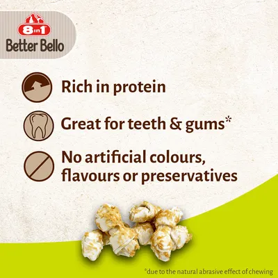 8in1 Better Bello. Rich in protein, Great for teeth & gums, No artificial colours, flavours or preservatives. Text v angličtine.