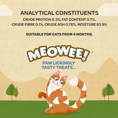 Analytical constituents: crude protein 8.3%, fat content 0.7%, crude fibre 0.1%, crude ash 0.78%, moisture 83.9%. Suitable for cats from 4 months. Meowee! Paw lickingly tasty treats... (angolul)