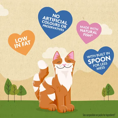 NO ARTIFICIAL COLOURS OR PRESERVATIVES, LOW IN FAT, MADE WITH NATURAL FISH*, WITH BUILT IN SPOON FOR LESS MESS feliratok angolul szívekben, rajzolt macska mellett.