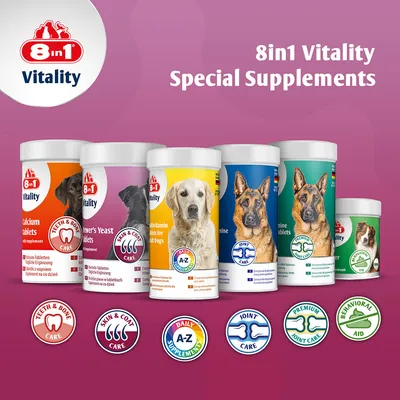 Doplnky výživy 8in1 Vitality pre psov: Calcium Tablets, Brewer’s Yeast Tablets, Multivitamin Tablets, Joint Care, Premium Joint Care, Behavioral Aid. Viditeľné ikony starostlivosti.