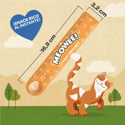 Snack MEOWEE! Savoury Spoonables, medidas 16,8 cm x 3,2 cm. Texto: ¡SNACK RICO AL INSTANTE! y Peel here. Envase naranja con dibujos de gatos.