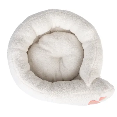 White, round pet bed made of soft plush material with a pink paw motif on the side.