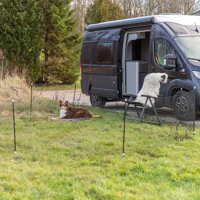 Mobiler Hundezaun auf einer Wiese neben einem schwarzen Camper. Ein Hund liegt innerhalb des Zauns, ein Stuhl mit Fellbezug steht daneben.
