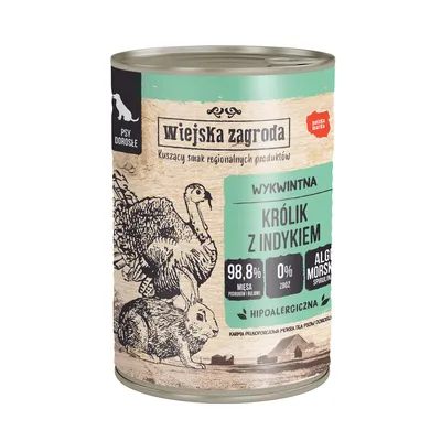 Wiejska Zagroda hundmatburk, smak kanin med kalkon. 98,8 % kött, 0 % spannmål, spirulinaalger, hypoallergen, polskt märke.