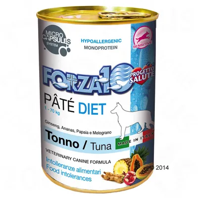 Forza10 Pâté Diet pentru câini, hipoalergenic, monoproteic, cu ton, ginseng, ananas, papaya și rodie. Fabricat în Italia. Formulă pentru intoleranțe alimentare.