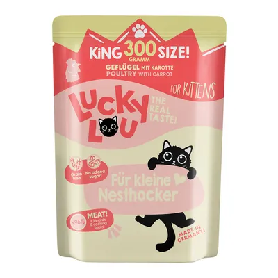 Lucky Lou King 300 Size, Geflügel mit Karotte, poultry with carrot, for kittens, grain free, no added sugar, <96% meat, Für kleine Nesthocker, Made in Germany. Texte en anglais et allemand.