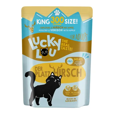 Lucky Lou Katzenfutter, Geflügel & Hirsch mit Apfel, 300g, für Erwachsene. Über 96% Fleisch, getreidefrei, ohne Zuckerzusatz. Made in Germany.