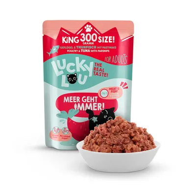 Lucky Lou King 300 Size! Geflügel & Thunfisch mit Pastinake, für Erwachsene. 96% Fleisch & Fisch, ohne Getreide, kein Zuckerzusatz. Meer geht immer! The Real Taste!