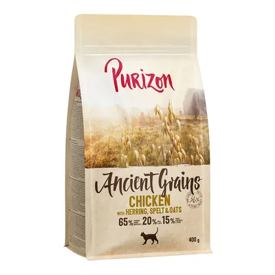Purizon Ancient Grains Katzenfutter mit Huhn, Hering, Dinkel und Hafer. 65% tierische Zutaten, 20% Gemüse, 15% Getreide. Packungsgrösse: 400g.
