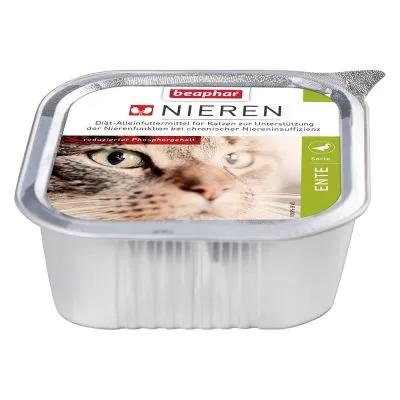 beaphar Nieren, karma dla kotów, ENTE, wsparcie funkcji nerek przy przewlekłej niewydolności nerek, obniżona zawartość fosforu. Tekst na opakowaniu w języku niemieckim.